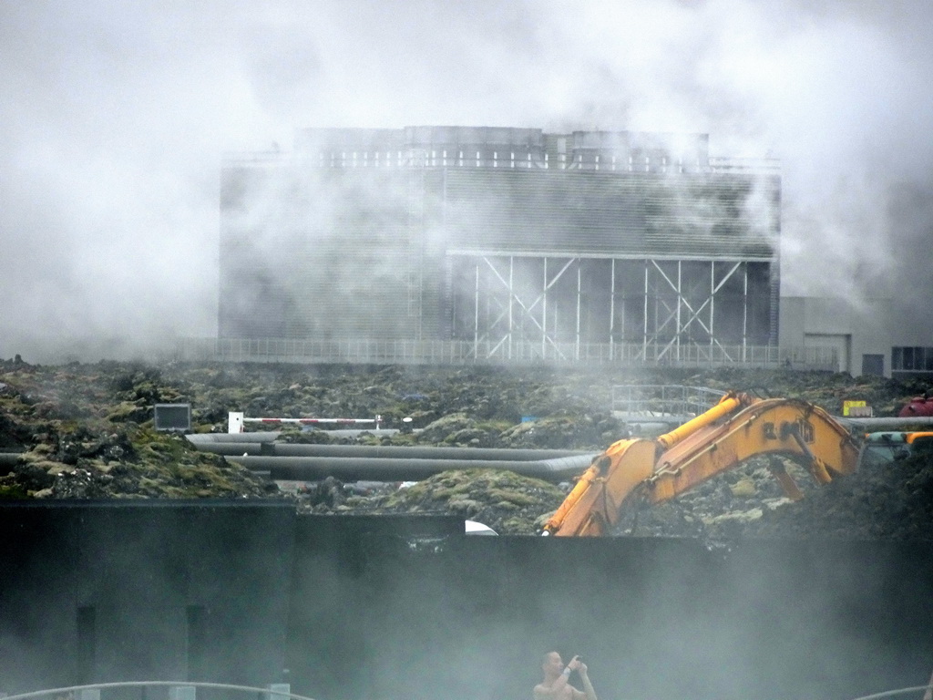 Building and pipes of the Svartsengi Power Station, viewed from the upper floor of the main building of the Blue Lagoon geothermal spa