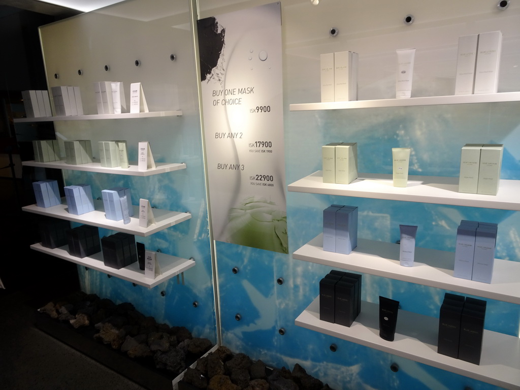Skin products in the shop at the Blue Lagoon geothermal spa