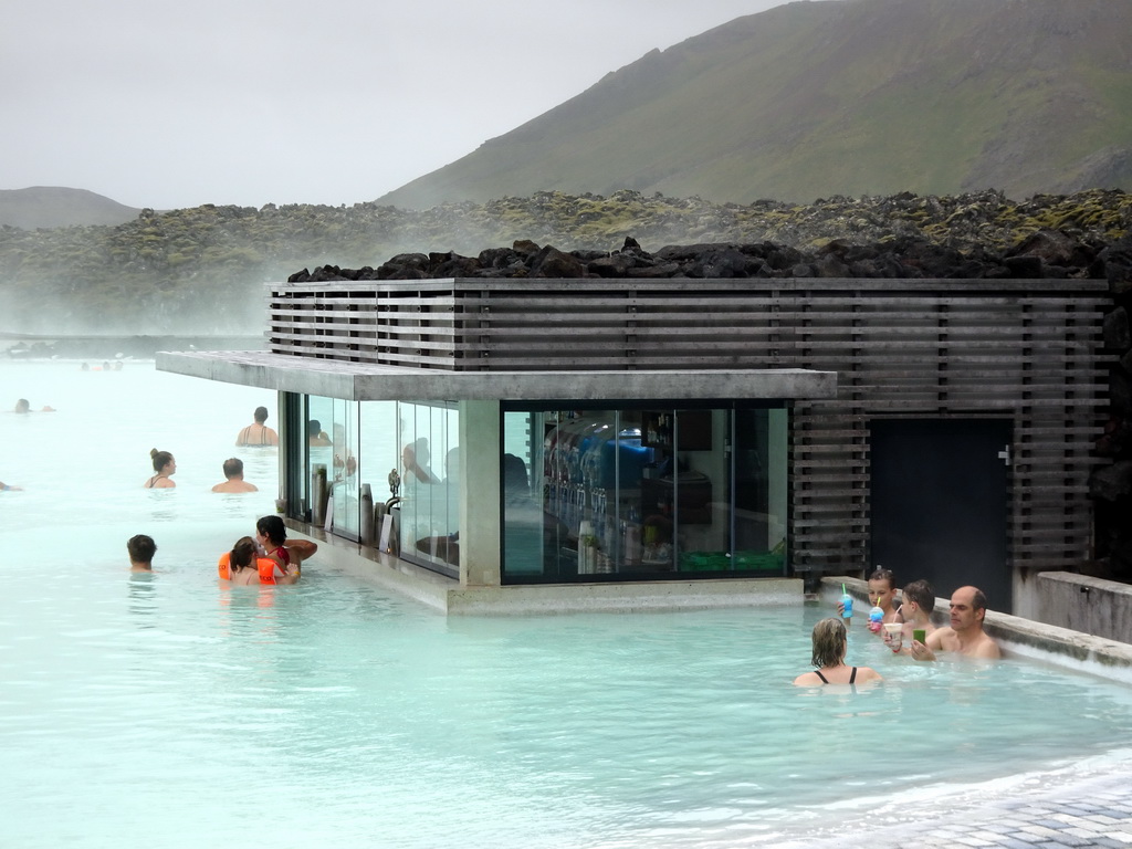 Outdoor bar at the Blue Lagoon geothermal spa, viewed from the terrace of the main buolding