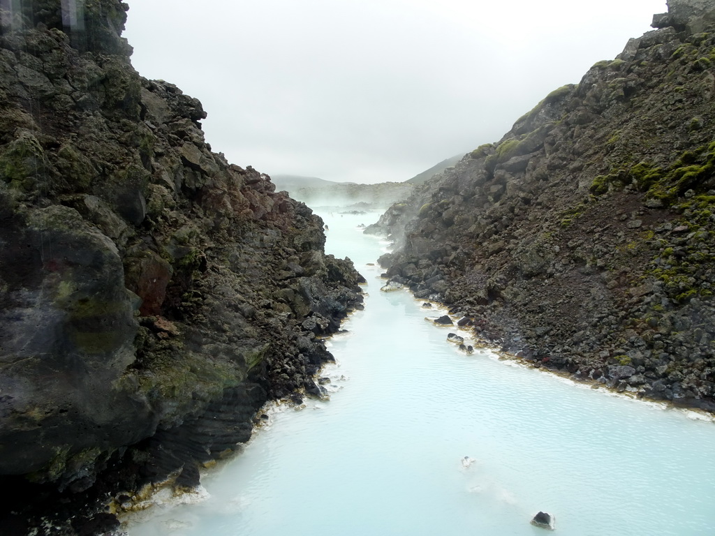 Water and rocks at the Blue Lagoon geothermal spa, viewed from the LAVA Restaurant