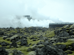 Smoke from the Svartsengi Power Station and the Blue Lagoon geothermal spa, viewed from the rental car on the Grindavíkurvegur road