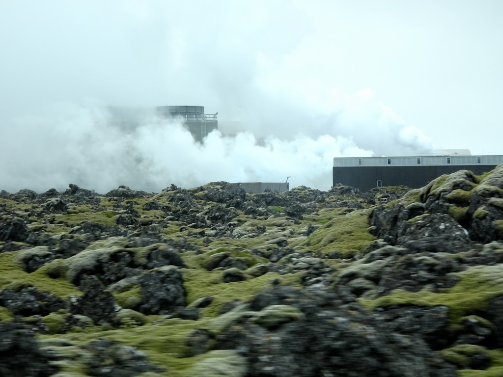 Smoke from the Svartsengi Power Station and the Blue Lagoon geothermal spa, viewed from the rental car on the Grindavíkurvegur road