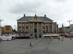 Front of the City Hall and market stalls at the Grote Markt square, viewed from the stage of the tourist information center