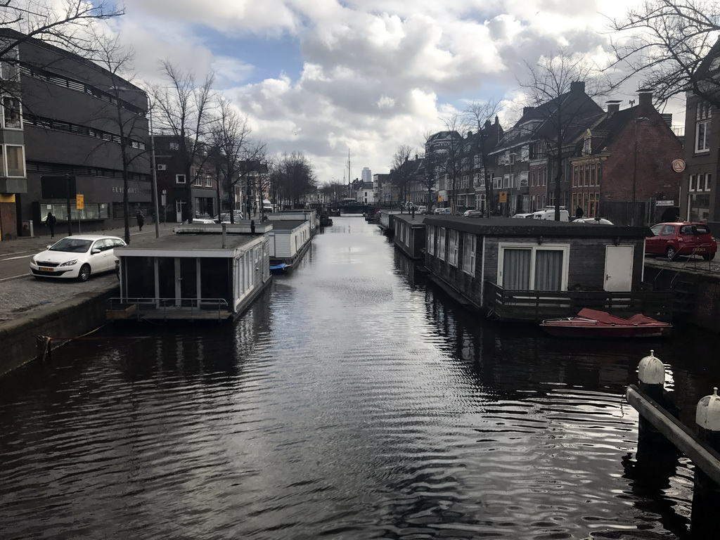 South side of the Schuitendiep canal with boats, viewed from the Poelebrug bridge