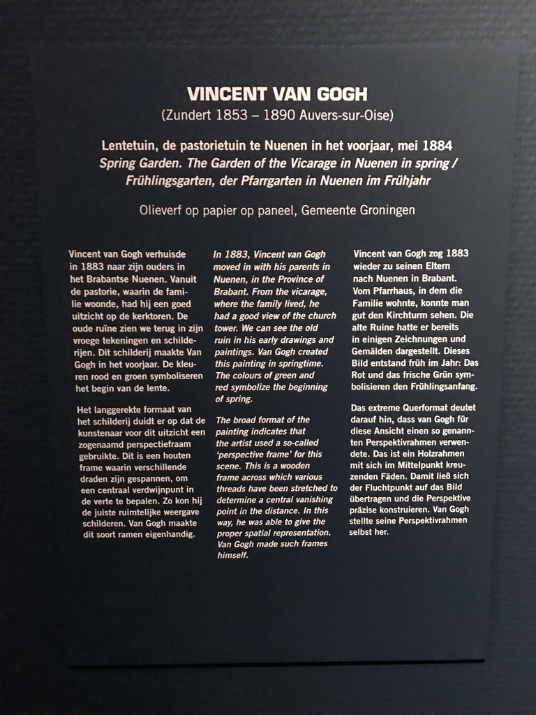 Explanation on the painting `Spring Garden. The Garden of the Vicarage in Nuenen in spring` by Vincent van Gogh, at the Lower Floor of the Groninger Museum