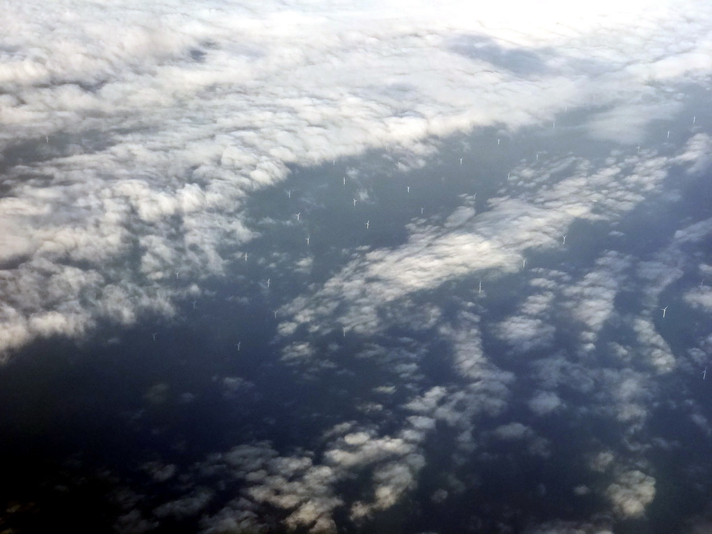 Windmills in the North Sea, viewed from the airplane from Amsterdam to London