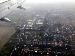 Houses at Ash Grove and Burns Way in the Crandford neighborhood of London, viewed from the airplane from Amsterdam to London