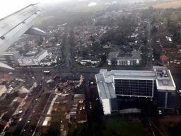Bath Road with the Travelodge London Heathrow Central and DoubleTree by Hilton Hotel London Heathrow Airport in the Crandford neighborhood of London, viewed from the airplane from Amsterdam to London