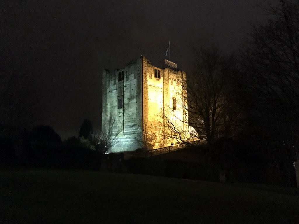 The northeast side of Guildford Castle, viewed from Castle Street, by night