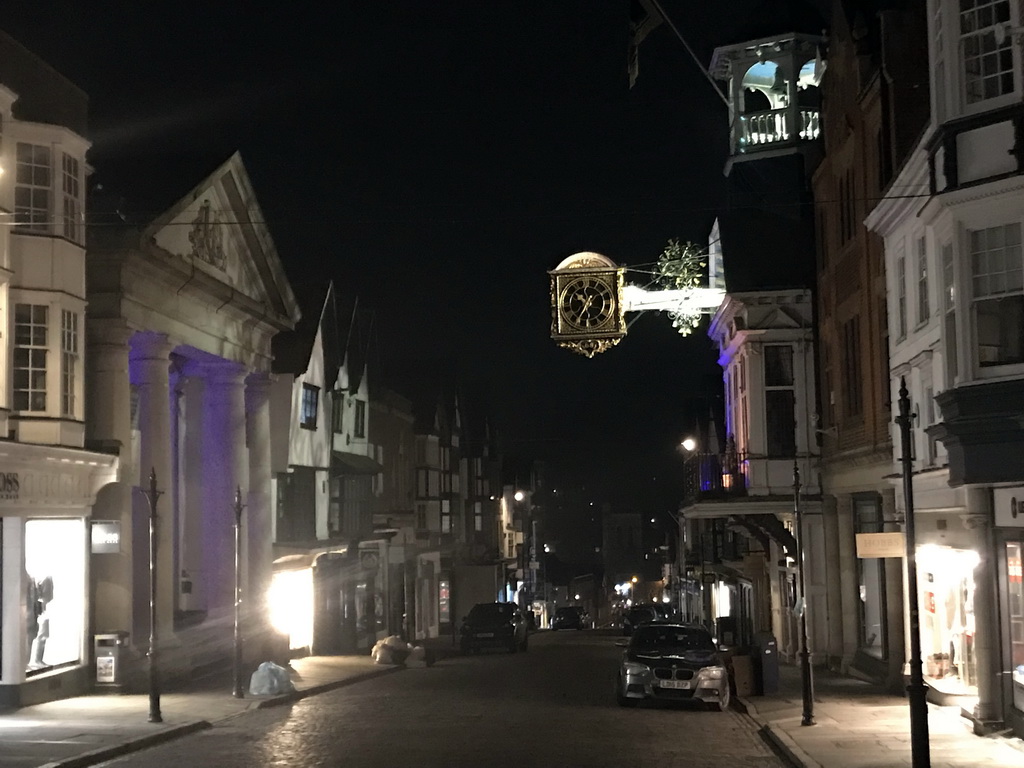 High Street with the front of the Tunsgate Arch and the Guildhall, by night