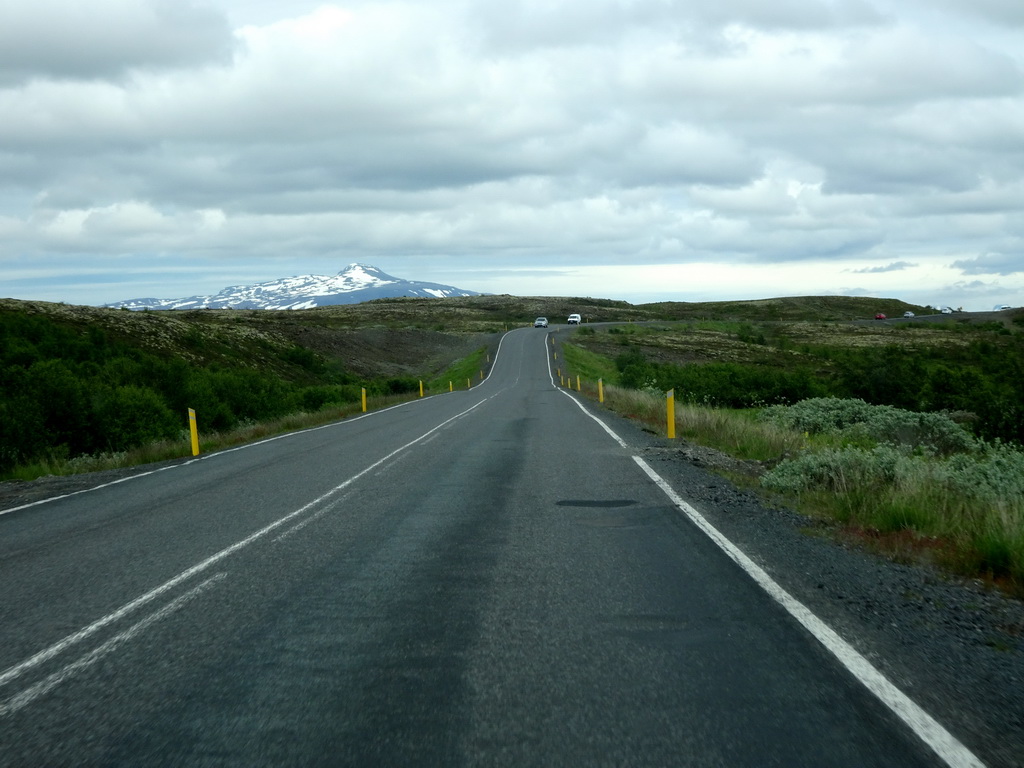 Mountains and the Biskupstungnabraut road, view from the rental car