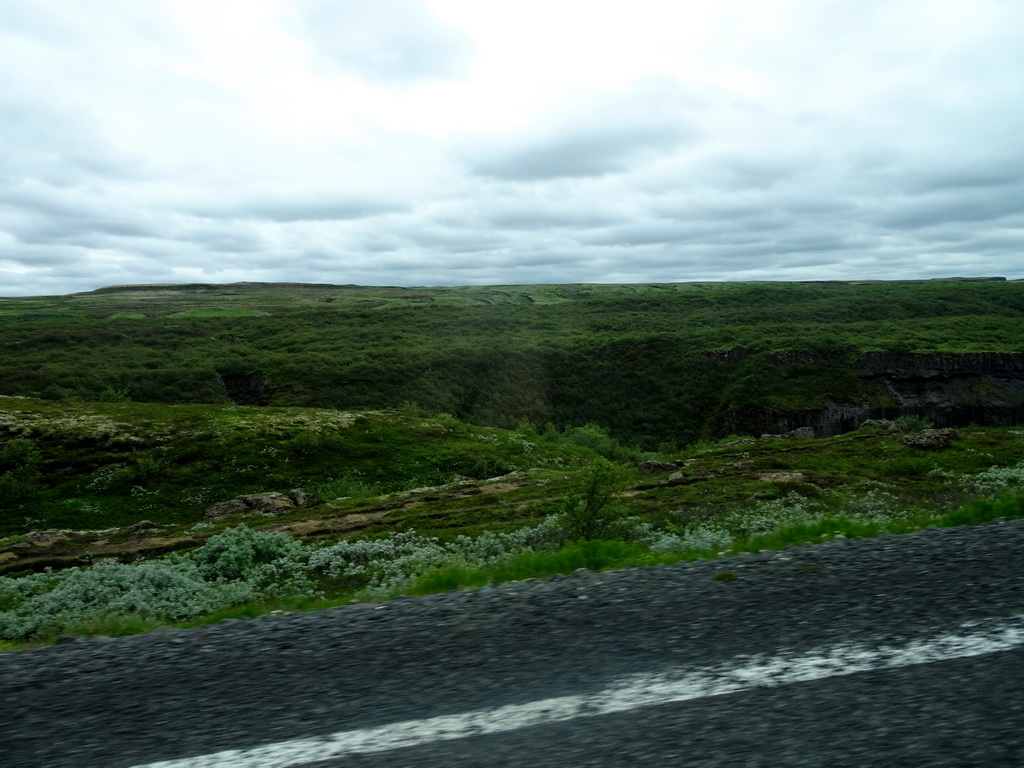 The Ölfusá river valley, viewed from the rental car on the Biskupstungnabraut road