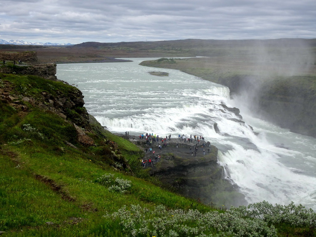 The upper part and closeby viewpoint of the Gullfoss waterfall, viewed from the upper viewpoint
