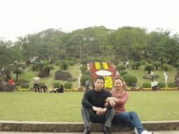 Miaomiao`s family members in front of Mt. Fengluling volcano crater at the Hainan Volcano Park