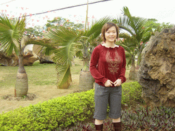 Miaomiao with palm trees at the Hainan Volcano Park