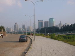 Skyscrapers in the city center, viewed from the seaside, during the photoshoot