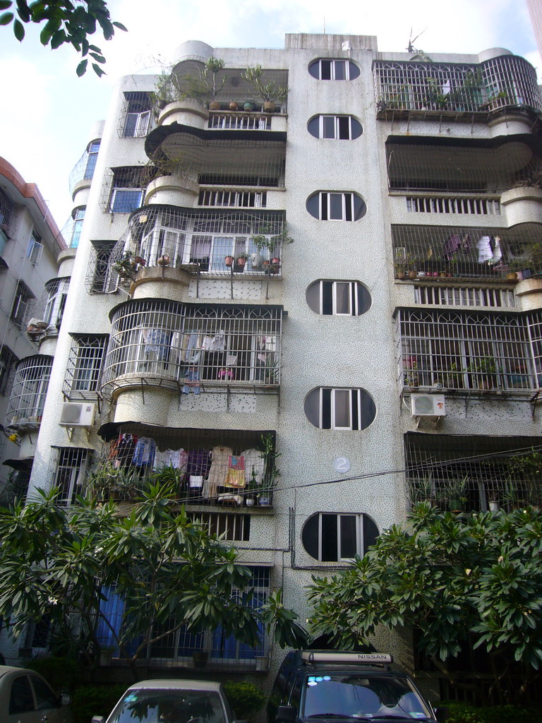 Front of an apartment building in the city center