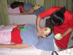 Miaomiao having a facial mask at a massage salon in the city center