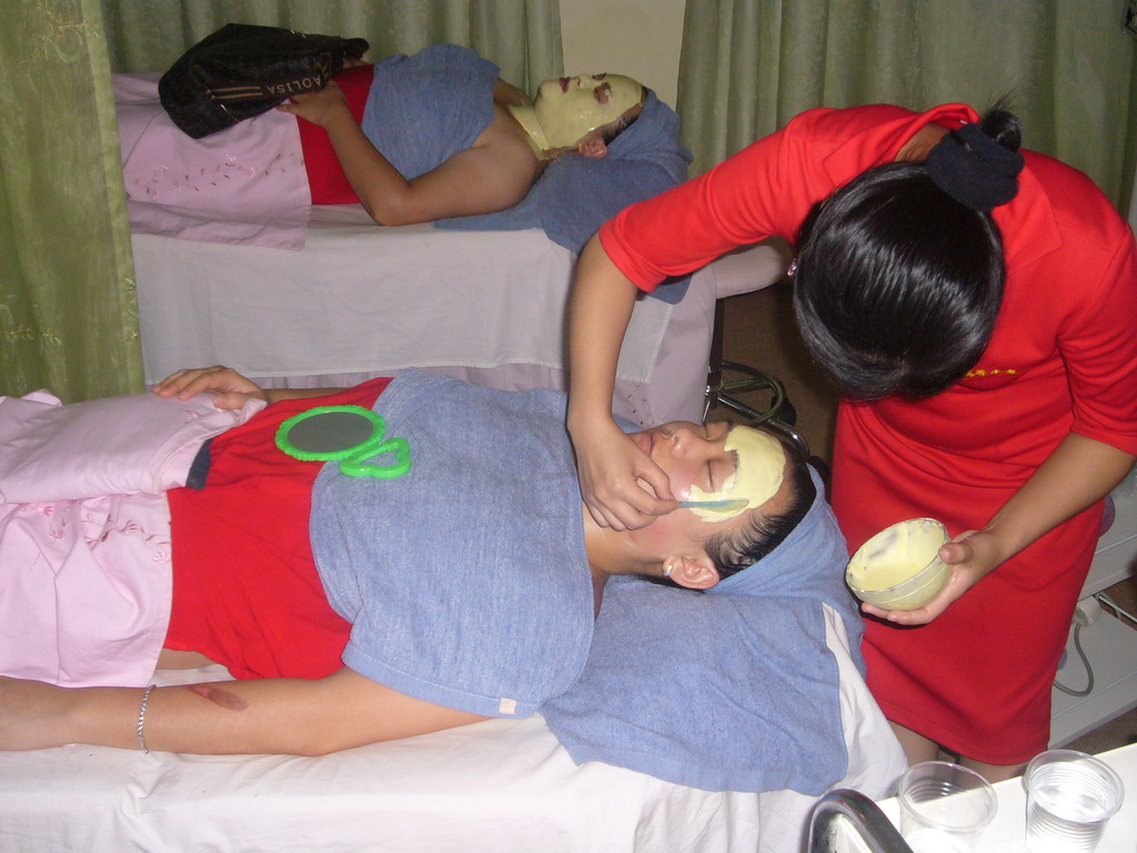 Miaomiao having a facial mask at a massage salon in the city center
