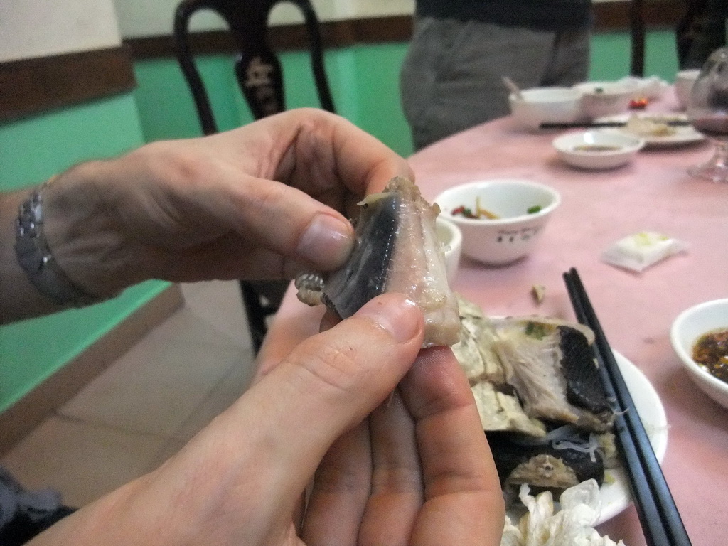 Tim eating snake meat in a restaurant at the city center