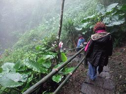 Miaomiao and Mengjin going down the Mt. Fengluling volcano crater at the Hainan Volcano Park