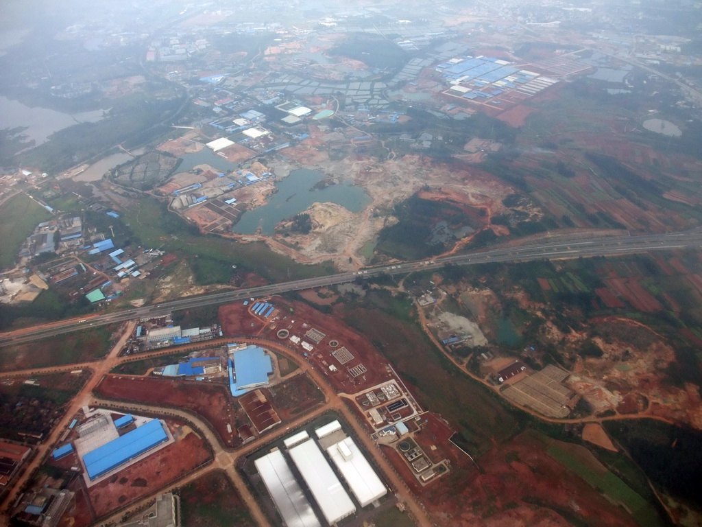 Buildings, roads and lakes to the southwest of Haikou, viewed from the airplane from Zhengzhou