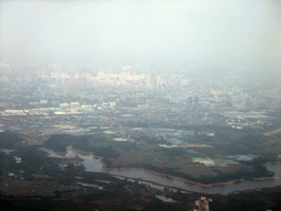 Skyline of Haikou and a lake to the south of the city, viewed from the airplane from Zhengzhou