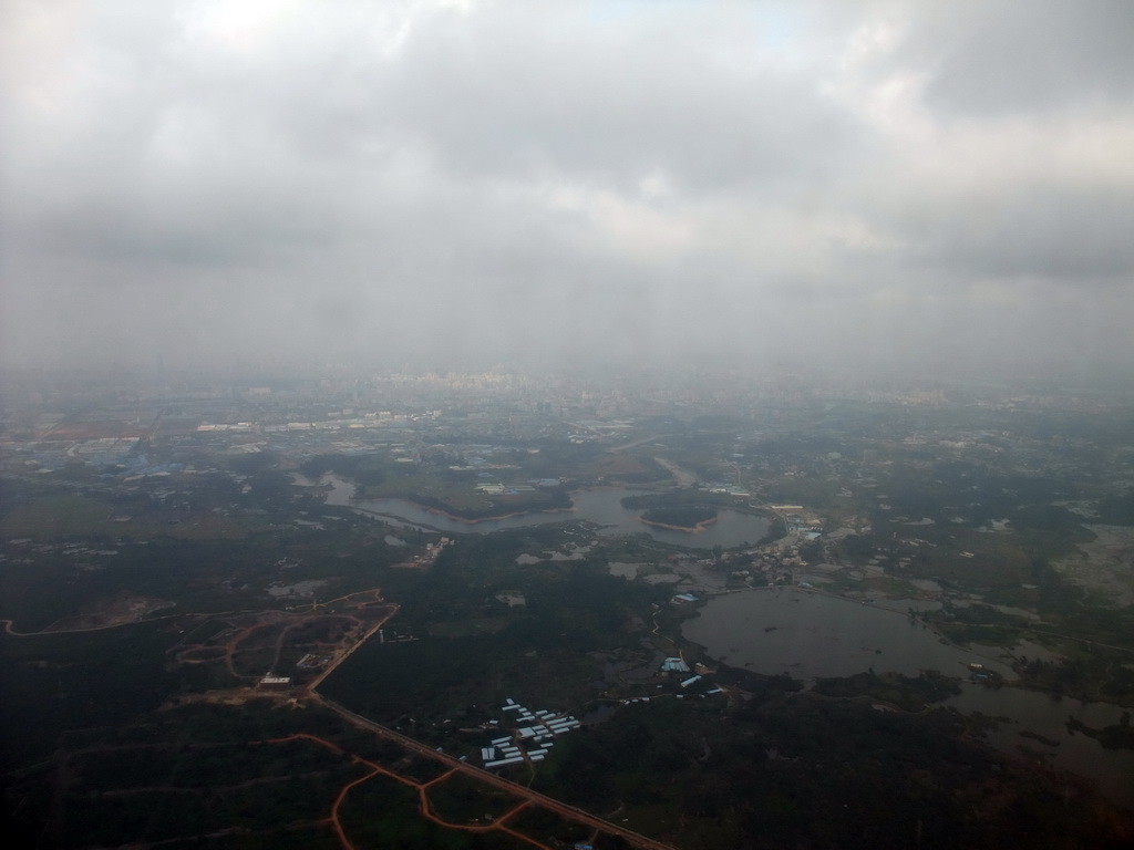 Skyline of Haikou and lakes to the south of the city, viewed from the airplane from Zhengzhou