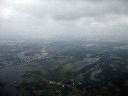 Skyline of Haikou and lakes to the south of the city, viewed from the airplane from Zhengzhou
