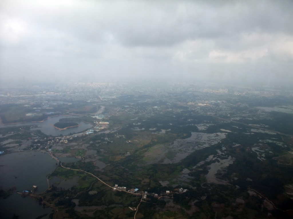 Skyline of Haikou and lakes to the south of the city, viewed from the airplane from Zhengzhou