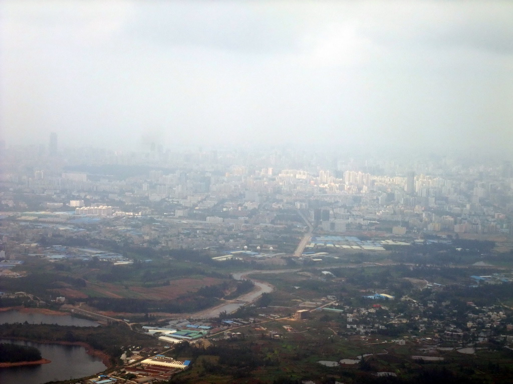 Skyline of Haikou and lakes to the south of the city, viewed from the airplane from Zhengzhou