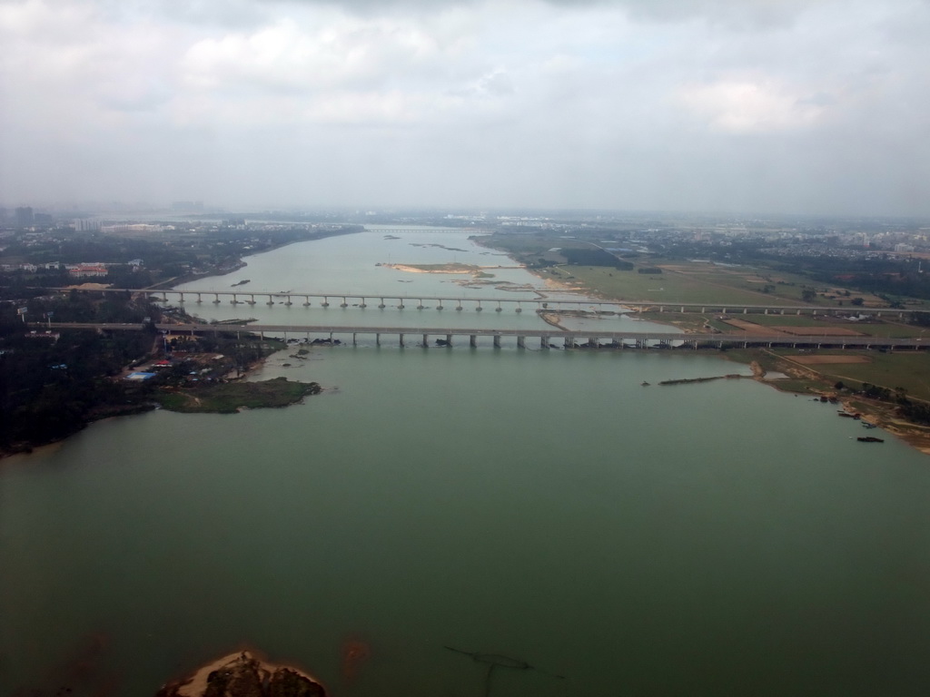 Bridges over the Nandu River just to the west of Haikou Meilan International Airport, viewed from the airplane from Zhengzhou