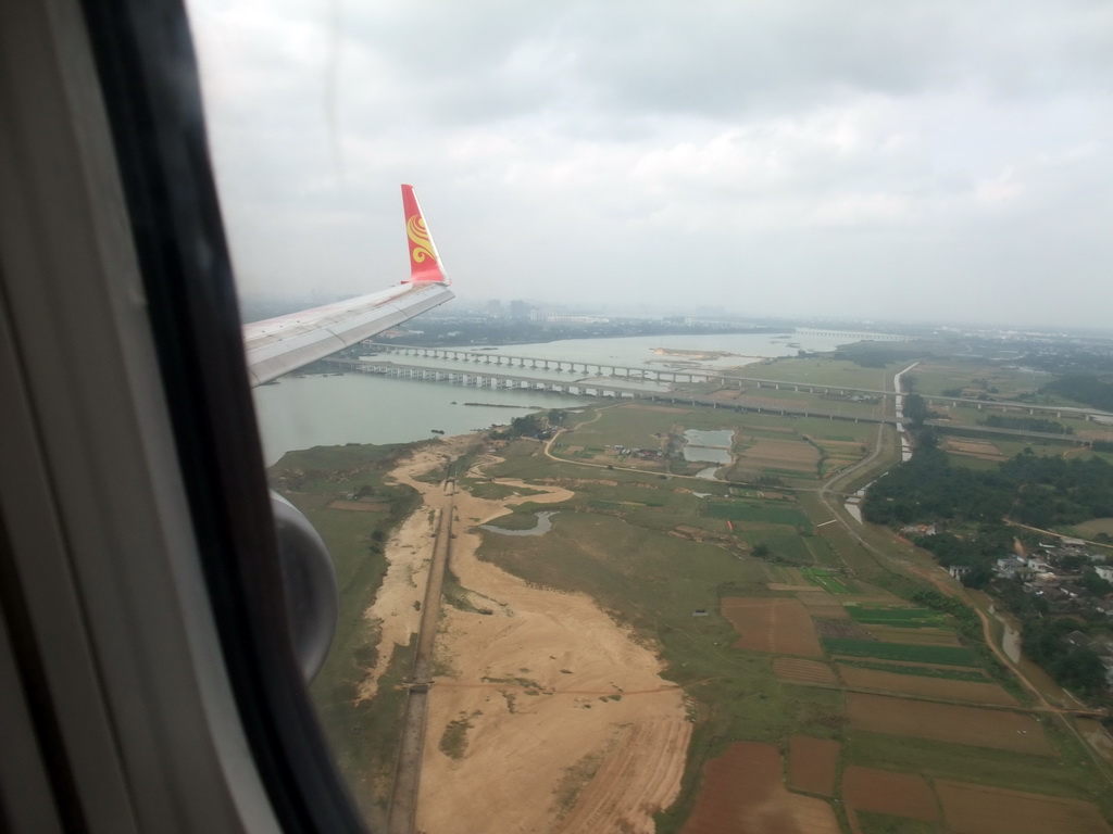 Bridges over the Nandu River just to the west of Haikou Meilan International Airport, viewed from the airplane from Zhengzhou