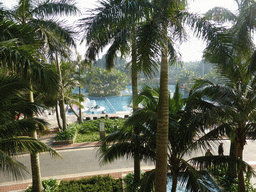 Palm trees and swimming pool at the Mission Hills Golf Resort Haikou, viewed from the back side of the hotel