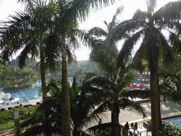 Palm trees and swimming pool at the Mission Hills Golf Resort Haikou, viewed from the back side of the hotel