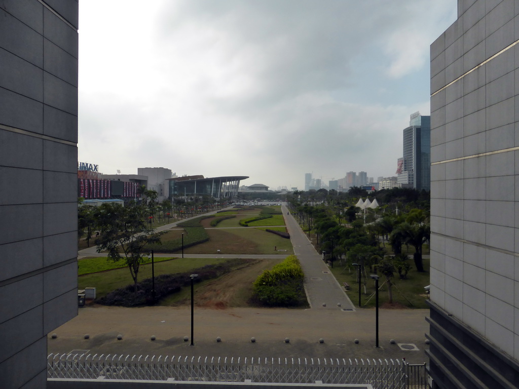 The Haikou Culture Park, the Haikou Zose IMAX Cinema, the Hainan Centre for the Performing Arts and the Hainan Library, viewed from the middle floor of the Hainan Provincial Museum