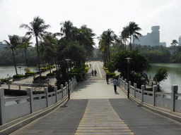 Pedestrian bridge and Donghu Lake at Haikou People`s Park