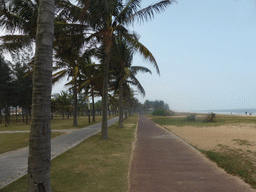 Palm trees and the beach at the Holiday Beachside Resort at Binhai Avenue and the Qiongzhou Strait