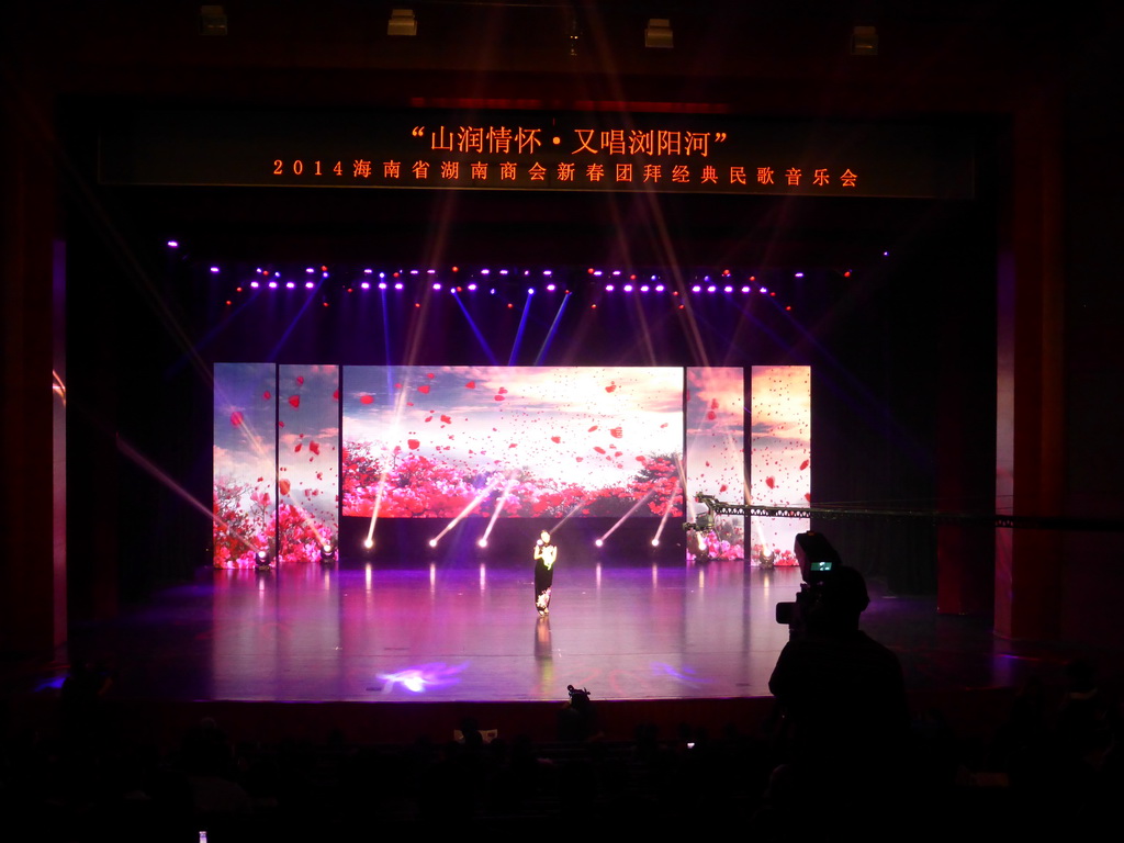 Singer on the stage during the show for Hunan immigrants in the main hall of the Hainan Centre for the Performing Arts