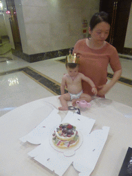 Miaomiao and Max with his birthday cake in the Jinghao Restaurant at Bailong South Road