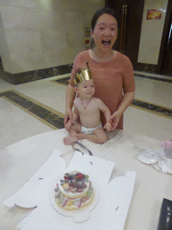 Miaomiao and Max with his birthday cake in the Jinghao Restaurant at Bailong South Road