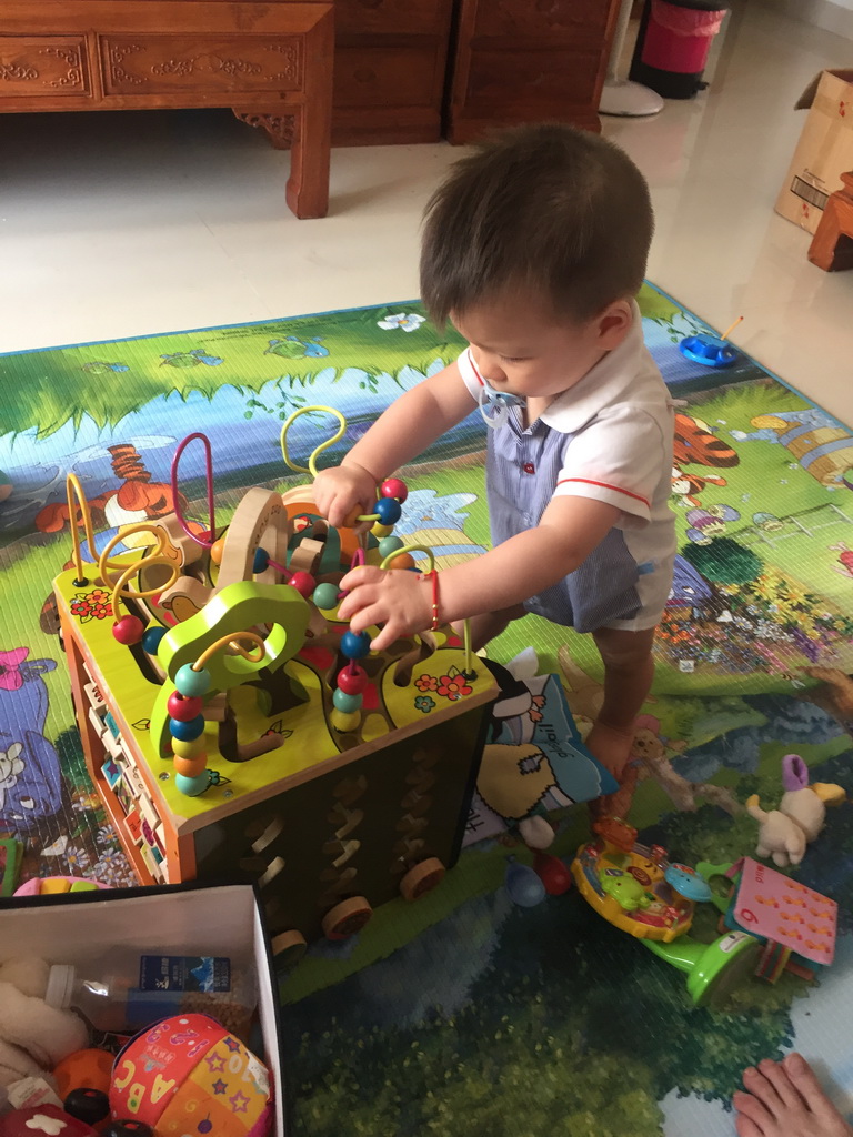 Max playing with his birthday gift in the apartment of Miaomiao`s sister