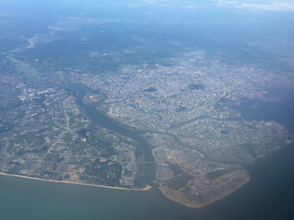 The city center with the Nandu River, viewed from the airplane to Bangkok