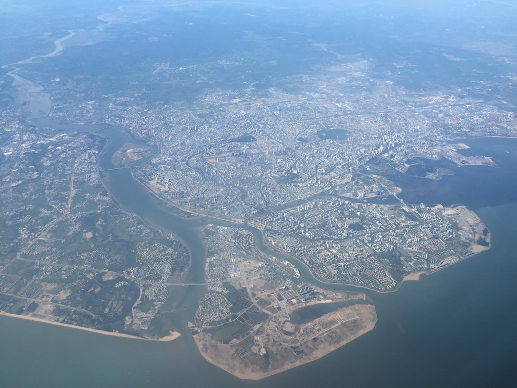 The city center with the Nandu River, viewed from the airplane to Bangkok