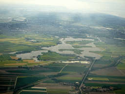 The Kagerplassen lakes and the city of Leiden, viewed from the airplane from Amsterdam