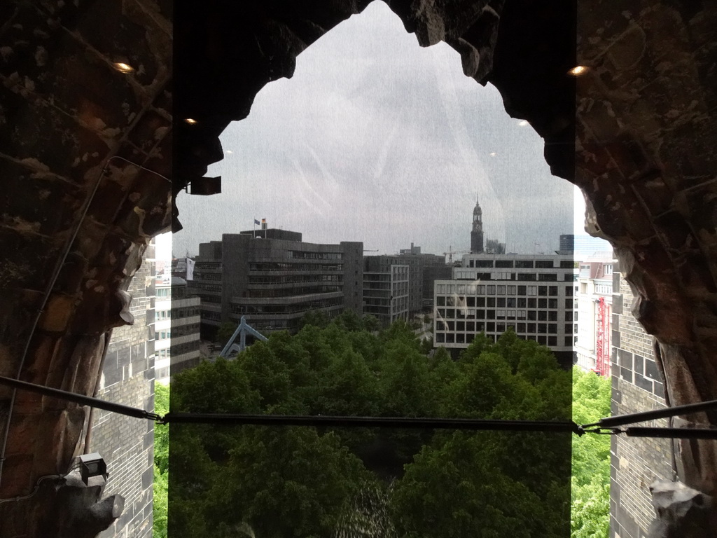 The Hopfenmarkt square and the tower of St. Michael`s Church, viewed from the elevator to the tower of the St. Nikolai Memorial