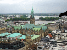 The northeast side of the city with the Town Hall, the Binnenalster lake and the Außenalster lake, viewed from the tower of the St. Nikolai Memorial