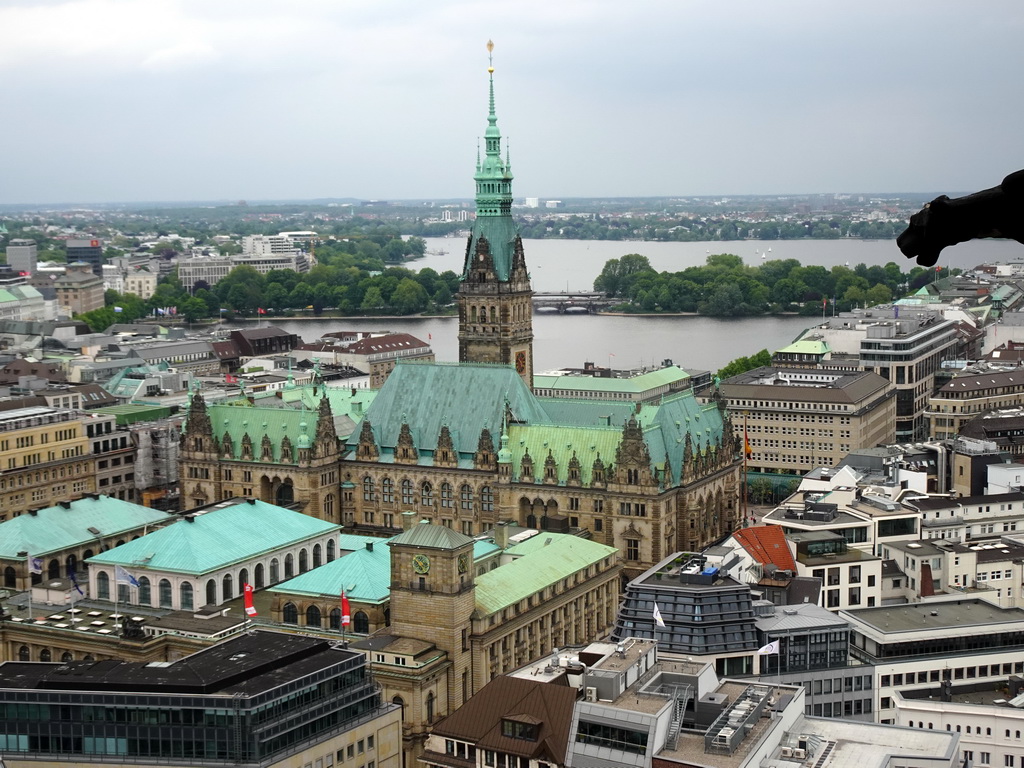 The northeast side of the city with the Town Hall, the Binnenalster lake and the Außenalster lake, viewed from the tower of the St. Nikolai Memorial