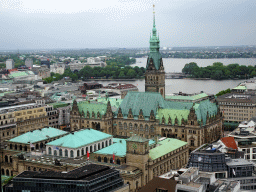 The northeast side of the city with the Town Hall, the Binnenalster lake and the Außenalster lake, viewed from the tower of the St. Nikolai Memorial