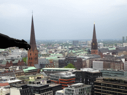 The east side of the city with St. Peter`s Church and St. James` Church, viewed from the tower of the St. Nikolai Memorial